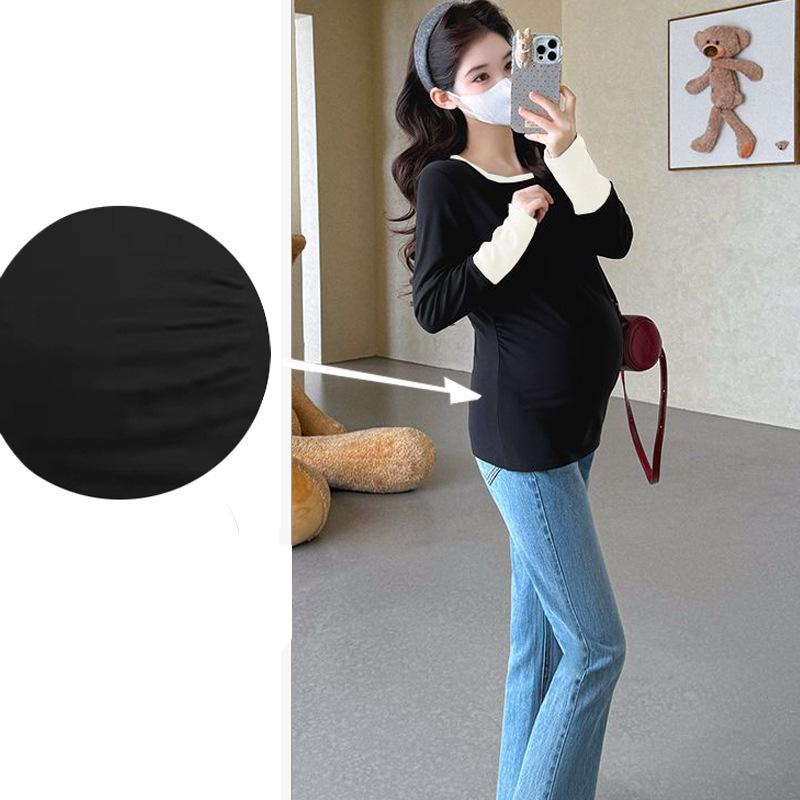 

Customized Korean Maternity Fleece Patchwork T-shirt - Loose Belly Fit, Round Neck, Autumn/Winter Style XL suitable for 125-145 lbs