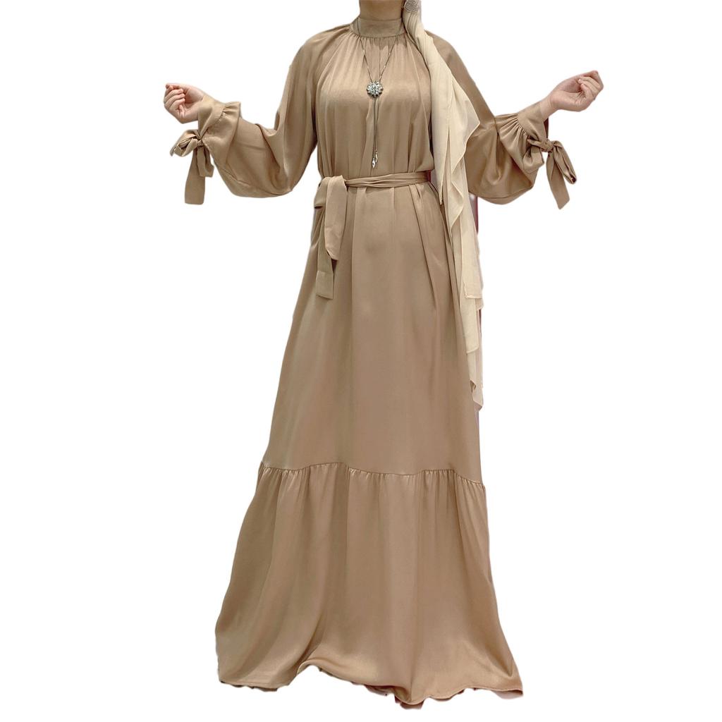 Fashion Long Sleeve Muslim Dress Solid Color Elegant Women's Modest Wear Clothing Lace Up Turkey Kaftan Eid Robes