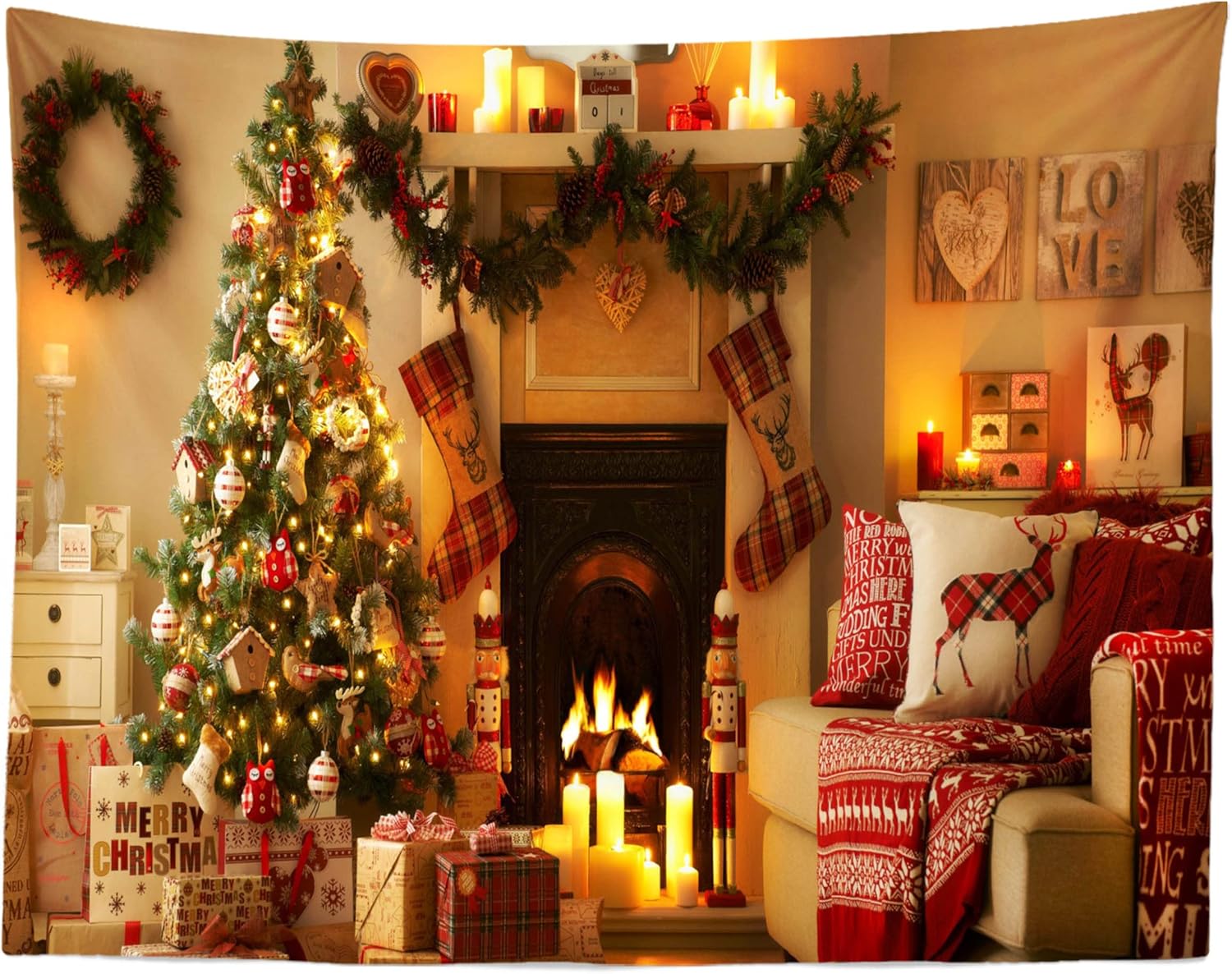 

Рождественский студийный гобелен на стену Рождественские деревянные двери окна Зимняя снежная сцена Рождественские елки Подарки Искусство Настенный декорРождество 90x75cm