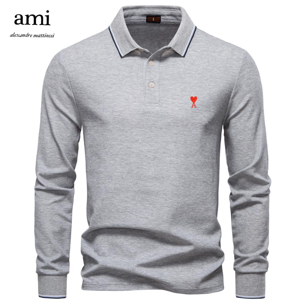 AMI 2025 Herbst Neu Stickerei Herren Langarm Poloshirt, Einfarbiges Herrenoberteil mit Reverskragen, Vielseitiges Poloshirt für Herren