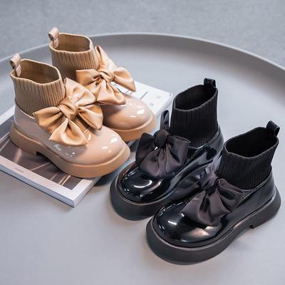 Mädchen-Sockenstiefel, Kinder-Stiefeletten, rutschfest, modisch, Schleife, elegant, glänzend, UK-Uniform, Kinderschulschuhe, lässige Sockenstiefel, Prinzessin