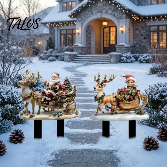 Christmas Reindeer Lawn Ornaments Elf Garden Stake, Santa Sleigh Acrylic Yard Stakes Sign, Outdoor Holiday Decoration for Pathway Winter Fairy
