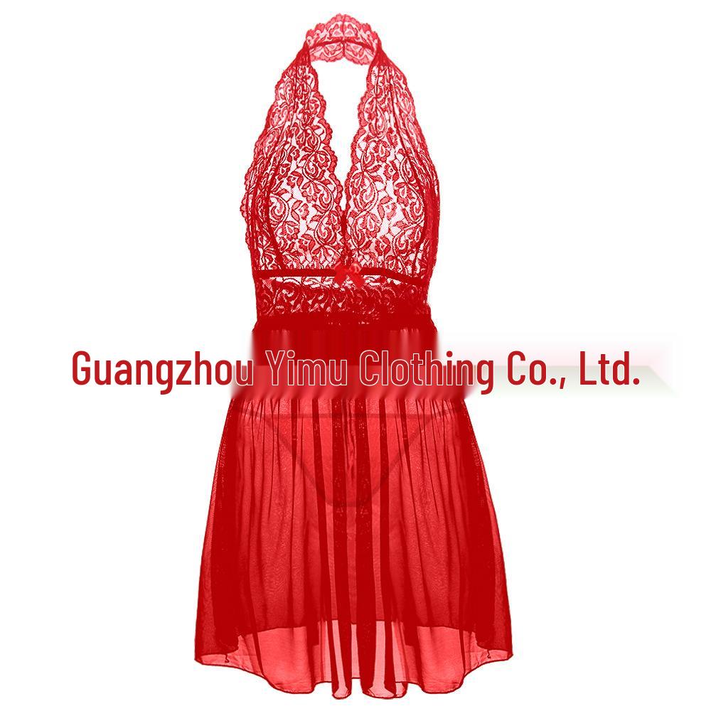 Plus Size S-6XL Sexy Transparent Lace Mesh Halter Lingerie Nightgown