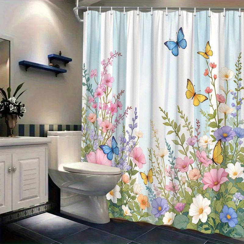 1pc Floral Butterfly Shower Curtain - Pink, Purple, White Flowers & Blue, Yellow Butterflies, Light Blue Stripes, Polyester W90XH180cm