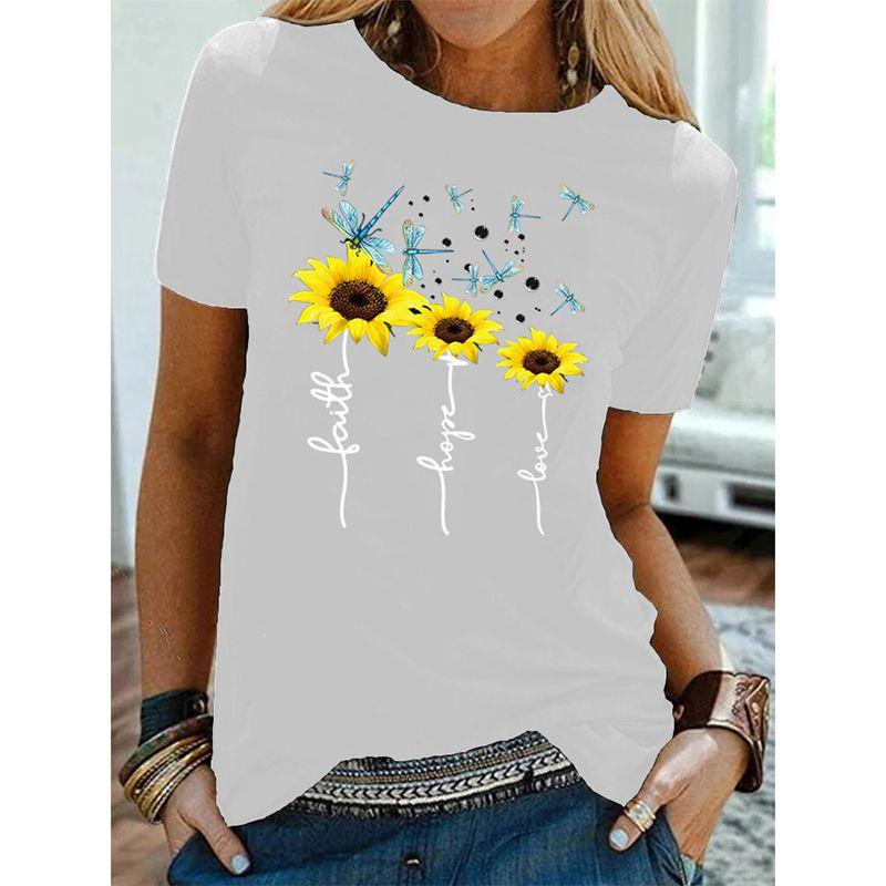 Stylish Women Floral Daisy Printed Basic T-shirt Versatile Short Sleeve Blouse For Casual Wear