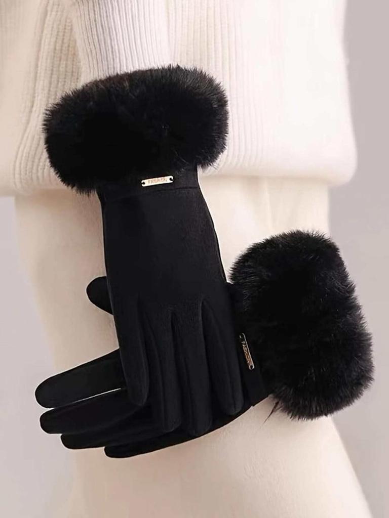 Women's Thick Windproof Touch Screen Gloves With Plush Cuffs For Warmth, Outdoor Cycling Sports Wear, Autumn And Winter Style