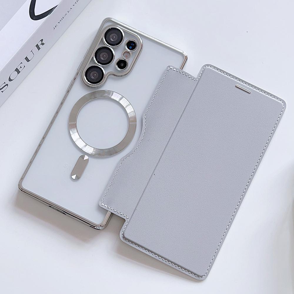 Flip Cover Plating Clear Magnetic Fold Wallte Case For Samsung S25 Ultra S24 FE S23 S22 Plus Slot Card Bag Holder Soft Cover
