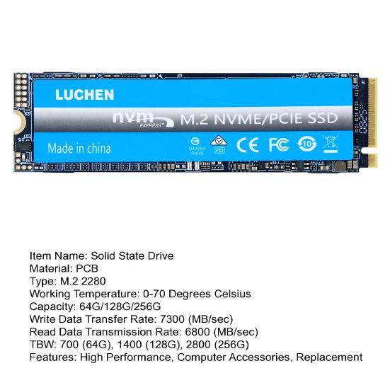 Yousheng PCIe 4.0 M.2 NVMe TLC SSD 64/128/256GB Maximum Read 7300MB/s Max Write 6800MB/s AI Computing Gaming Heavy Duty Workstations Internal Solid