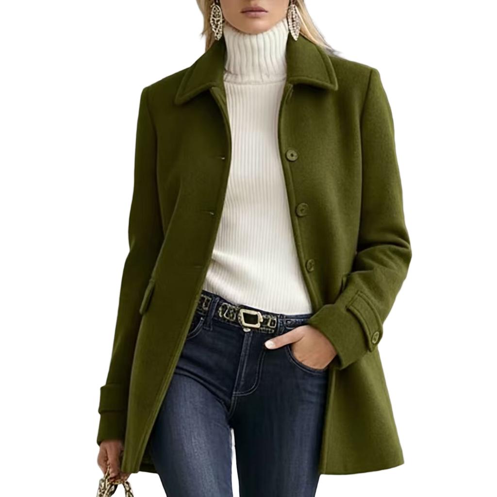 Women's Mid-Length Wool Coat with Lapel and Button Closure