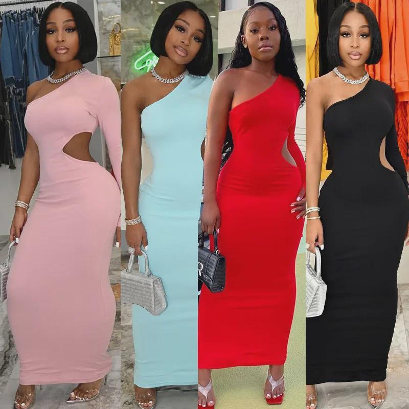 

One-Shoulder Long-Sleeve Hollow-Out Bodycon Dress L червоний