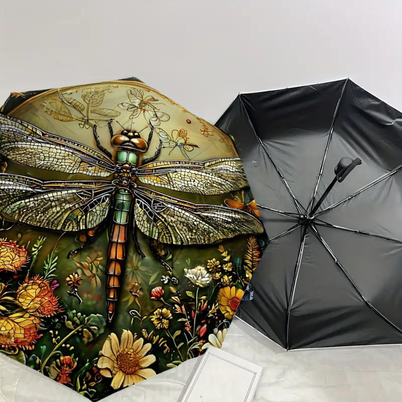 1PC Dragonfly FlowersAutomatic Open/Close Umbrella with Windproof, 8-Rib Sturdy Canopy, Durable Ribs, Fashionable Design, Outdoor Accessory, Fun Prin,
