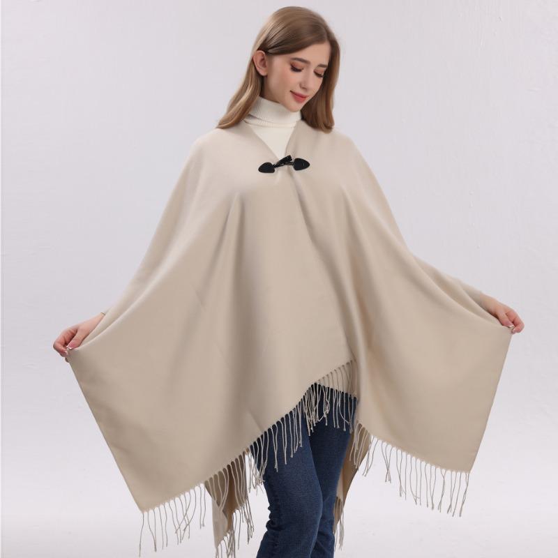 Solid Color Toggle Button Cape Shawl Tassel Hem Soft Faux Cashmere Poncho Wrap for Women
