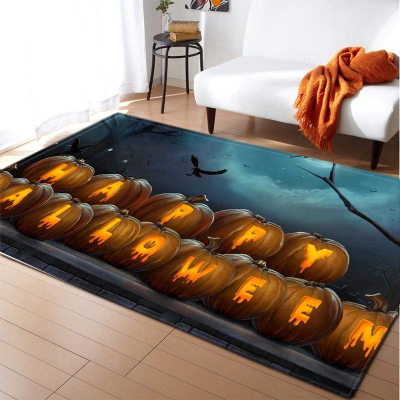 Halloween Cartoon Carpet Rug Mat – Living Room Bedroom Sofa Coffee Table Spooky Pumpkin Bat Castle Ghost Pattern Home Decoration