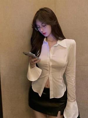 Slim Flared Sleeve Women Shirt Solid Lapel Single-breasted Back Bandage Tunic Spring Female Blouses