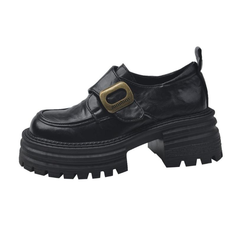 thick-soled thick-heeled small leather shoes for women's new versatile height-increasing women's shoes, single shoes, black women's models.