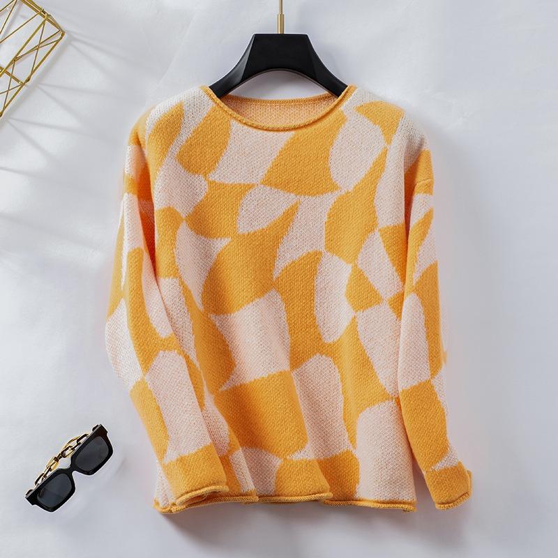 Women S Crew Neck Pullover Knit Sweater Geometric Pattern Basic Wear