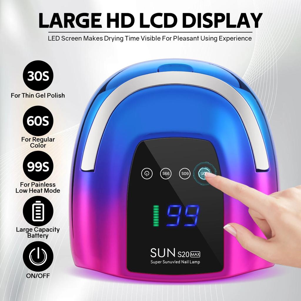 200W UV LED Nail Lamp 48 LEDs Nail Dryer with HD LCD Display Rechargeable Manicure Lamp for Curing All Nails Gel Nail Art Tools