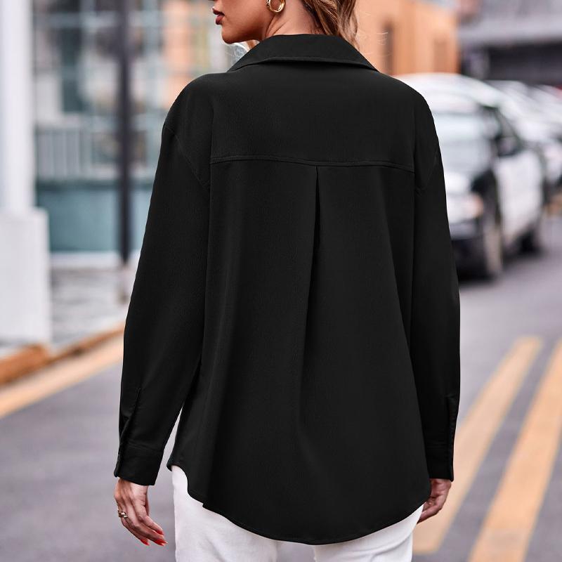 Damen Langarmhemd mit zwei Taschen Übergröße Einfarbig Lässig zum Knöpfen Bluse