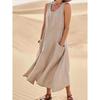 Summer Women Loose Long Sleeveless Round Neck Plain Pocket Dress Cotton Linen