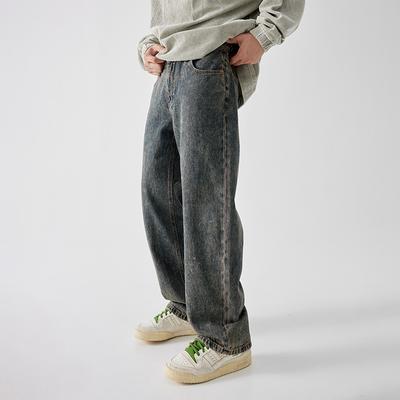 American Style Vintage Straight Jeans for Men's New High Street Wide-leg Trousers