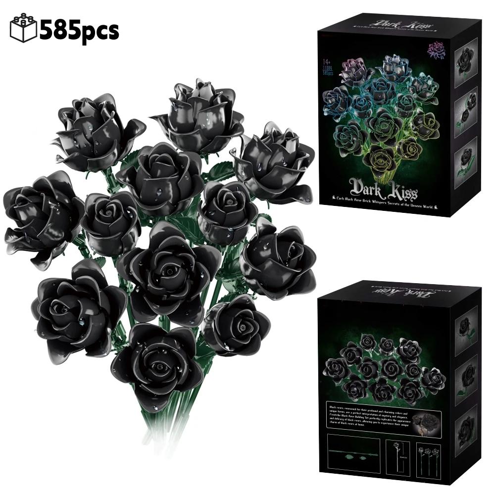 585Pcs Gothic Black Pink Blue Rose Flower Bouquet Building Blocks Set Creative Decoration Valentine Gift Idea Beautiful Box