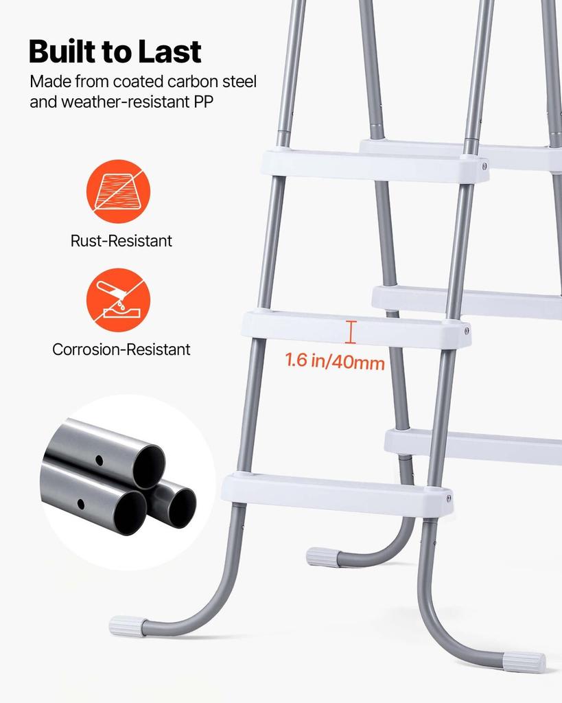 Above Ground Pool Ladder, 3-Step Steel A-Frame Swimming Pool Stairs for 106.7 Cm High Wall, 136 Kg Capacity Entry/Exit Steps with Secure Non-Slip