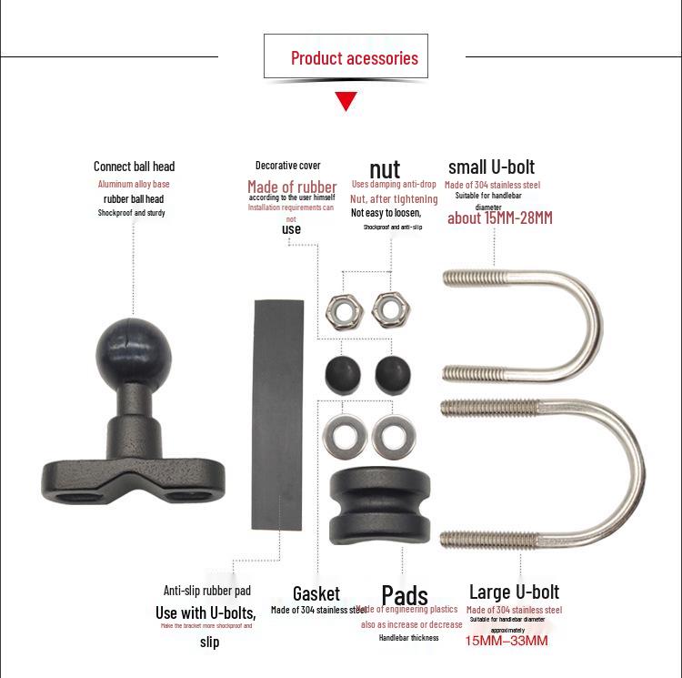 U-Shaped Motorcycle Phone Holder with Fixed Ball Head and T-Shaped Handlebar Clamp