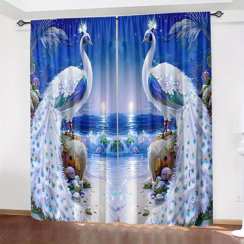 Set Of 2 Elegant Jit Peacock Print Curtain Design Polyester Drape Holiday Window Decor Home Light Blocking Made With Rod Pocket