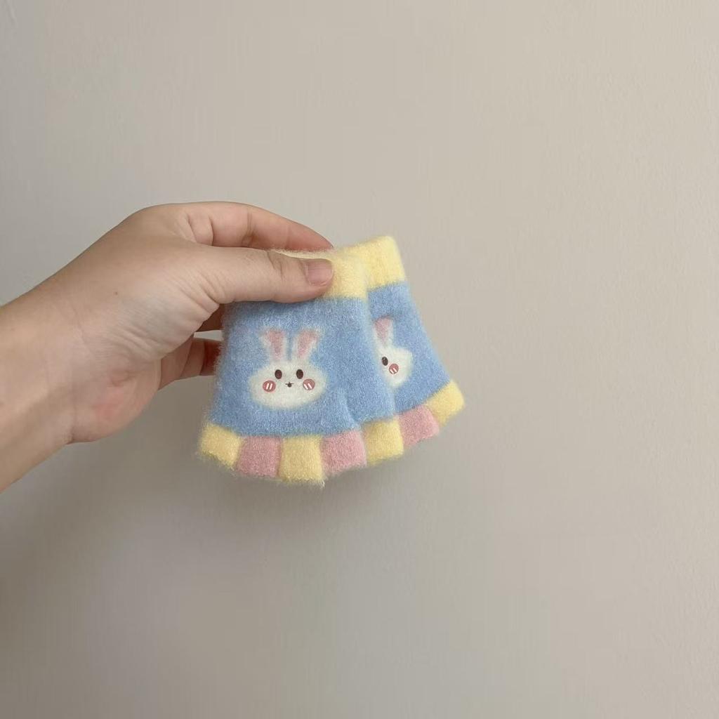Baby Halbfingerhandschuhe Herbst und Winter Cartoon Fünffinger Farbblockierung Hase Niedlich Warm Schreiben Halbfinger