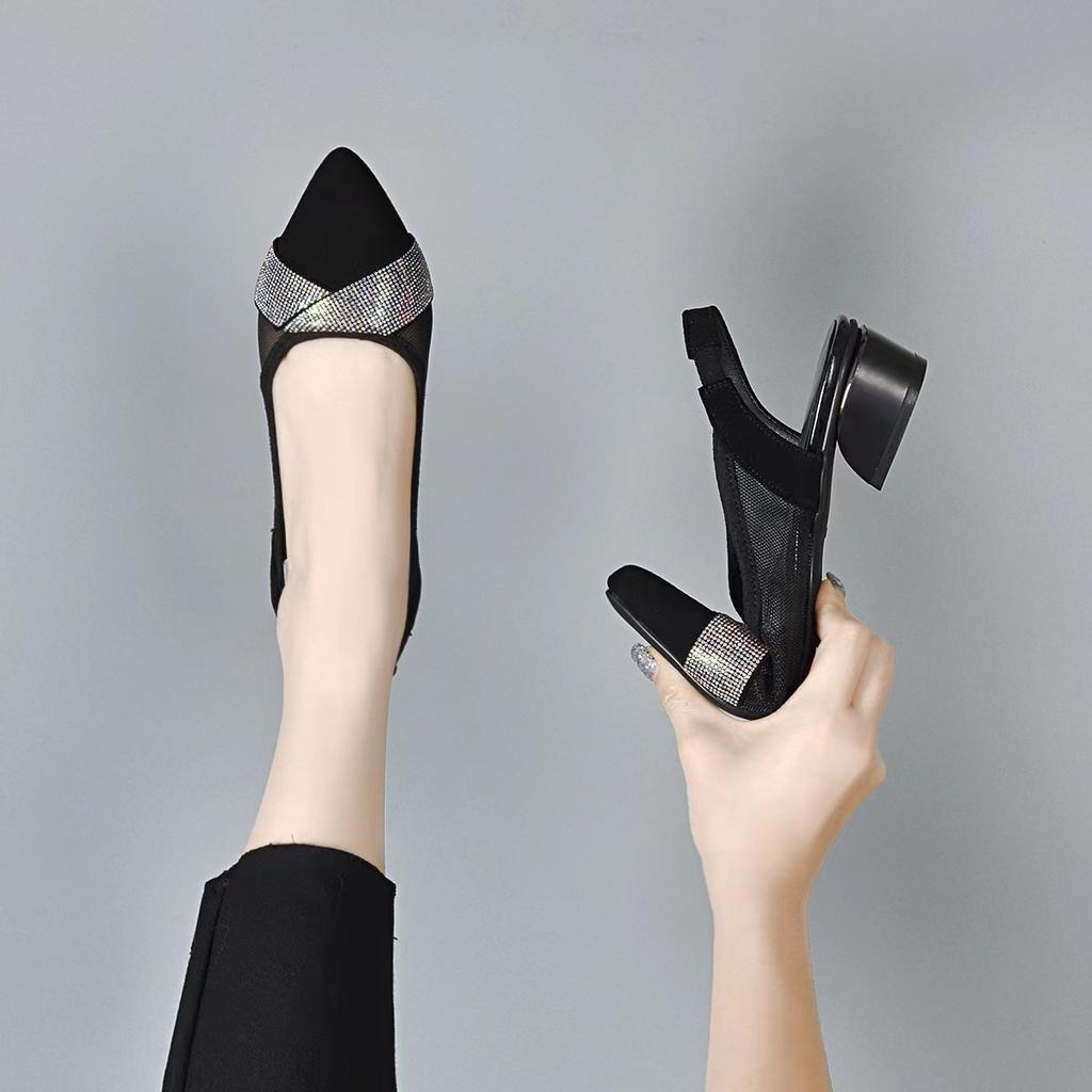 Pointed high-heeled sandals women's 2025 summer new mesh rhinestone rear empty sandals two high-temperament fashion shoes