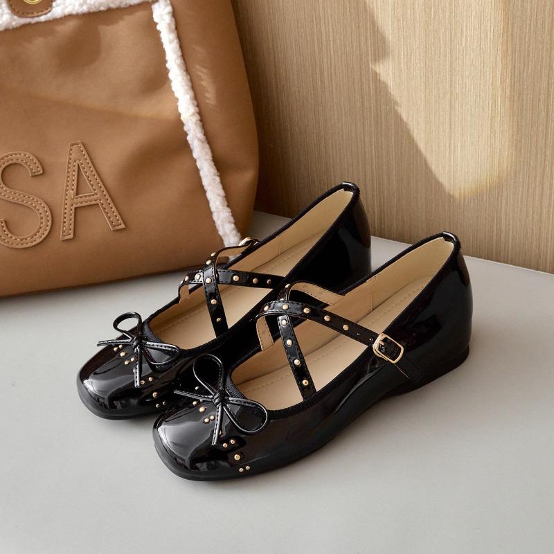 5cm Cross Strap Rivet Women Heels Pumps PU Leather Ballet Mary Janes Elevator Shoes Insole Spring Autumn Casual Wedges Loafers