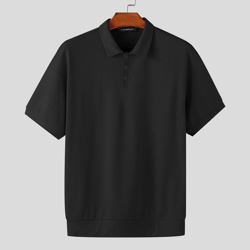 

INCERUN Oversized Men Turn-down Collar Short Sleeve Texture Casual T-shirts Tops
