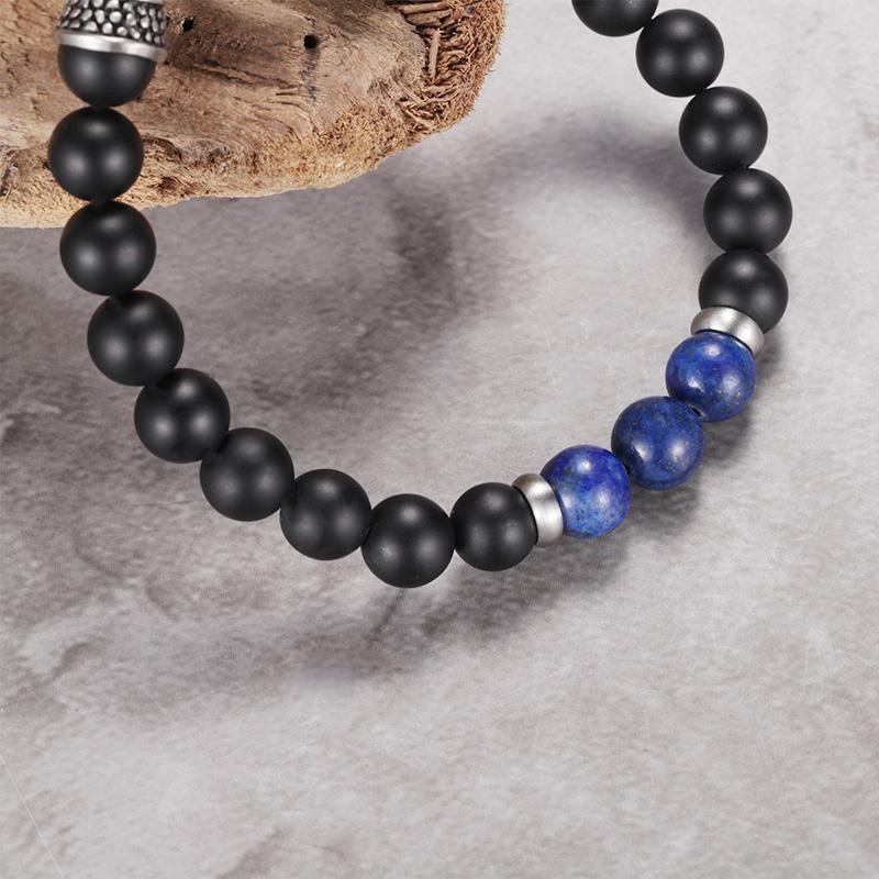 MATT STONE BRACELET   8mm Matt Onyx Stone Bead Bracelet with Reptile Design Lobster Lock, Blue Lapiz Stones