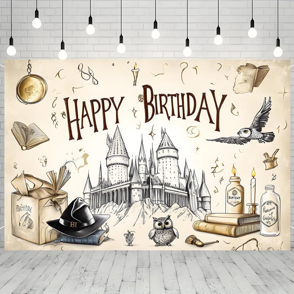 1 pièce de bannière de fête impression plate 2D Anniversaire Joyeux Fond Sorcier Bannière Murale Fournitures de Fête Décoration Murale Bannière de Festival