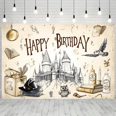 1 pièce de bannière de fête impression plate 2D Anniversaire Joyeux Fond Sorcier Bannière Murale Fournitures de Fête Décoration Murale Bannière de Festival