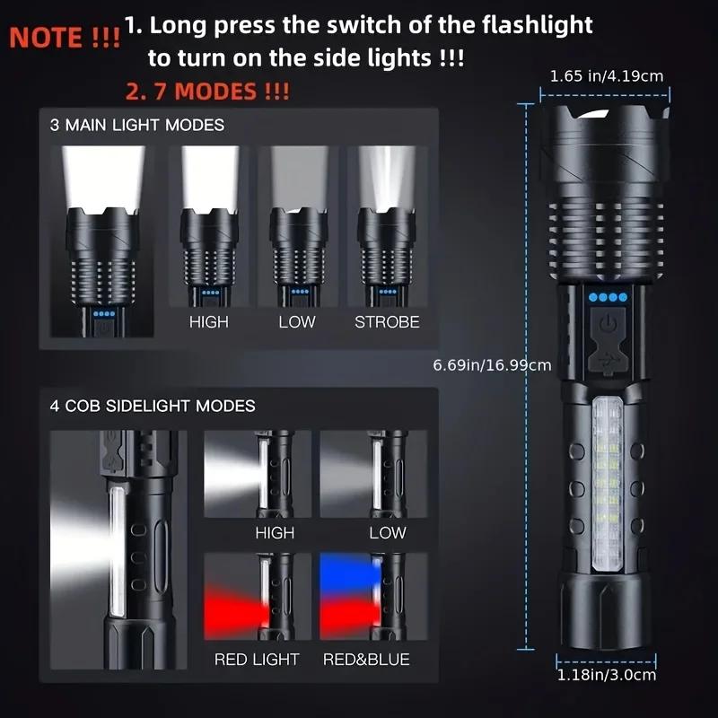 High Power LED Flashlight Powerful TYPE-C Rechargeable Zoom Flashlight with COB Side Light Torch for Outdoor Camping Hiking