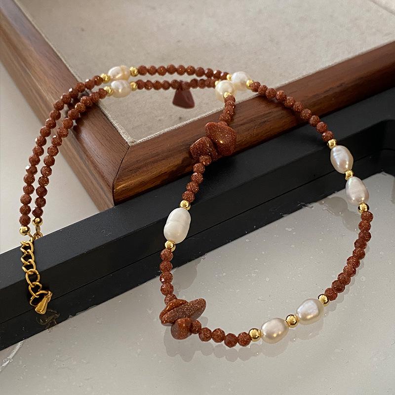 Ethnic Style Freshwater Pearl Necklace with Gold Sandstone Beads - High-End Sweater Chain Jewelry