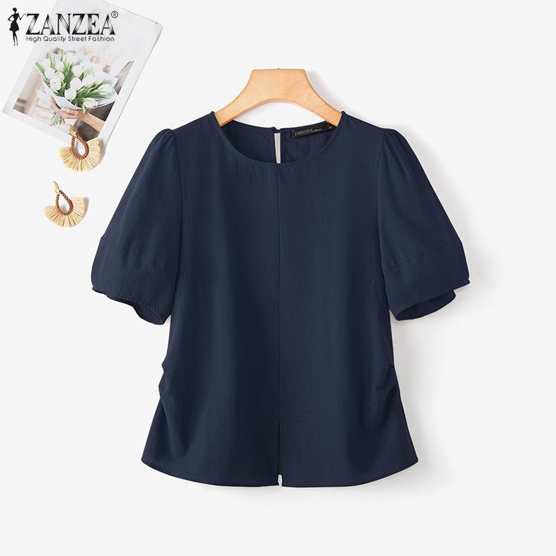 

ZANZEA Женская элегантная блузка с круглым вырезом, коротким рукавом и разрезами, повседневная 2XL темно-синий