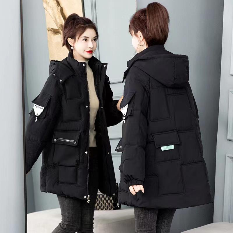 Zimowe parki z kapturem damskie zagęścić ciepły średni długi puchowy bawełniany płaszcz damski wszystkie pasujące dorywczo bawełniana ocieplana kurtka damska