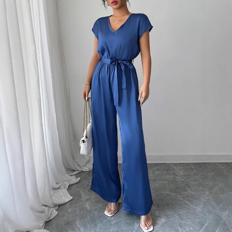 

Простой и модный женский комбинезон с глубоким V-образным вырезом и широкими штанинами на весну и лето XL синий