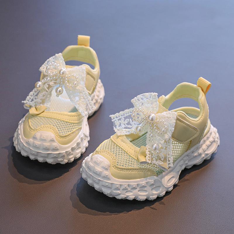 Girls Sports Sandals Mesh Breathable Kids Princess Shoes Lace Bows Sweet 2025 Summer New Children Running Shoes Hook&loop Soft