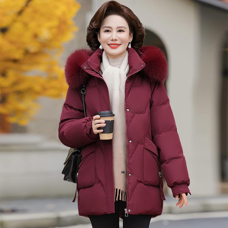 Authentic Mid-Length Women's Winter Down Jacket with Real Fur Collar for Middle-Aged and Elderly    