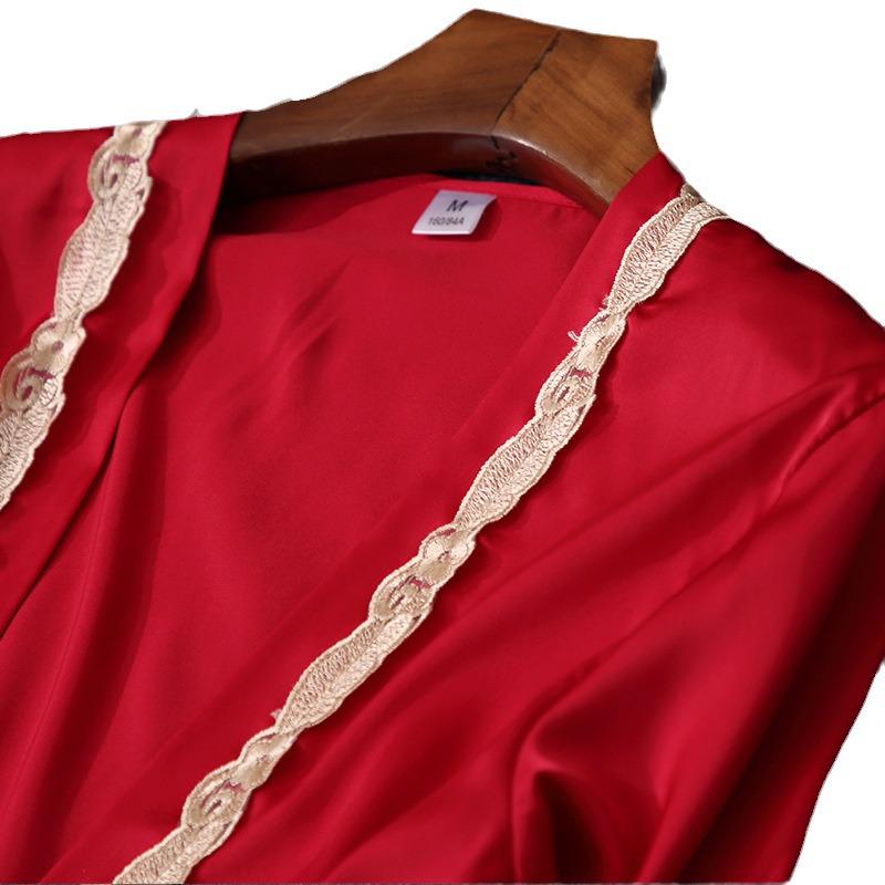 Women's Satin Chiffon Five-Piece Pajama Set: Sexy Faux Silk with Camisole, Robe, and Chest Pads for Autumn and Summer.