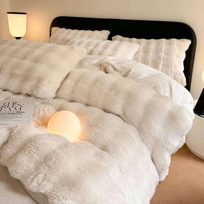 OEING Rabbit Fur Milk Velvet Coral Fleece Bedding Set