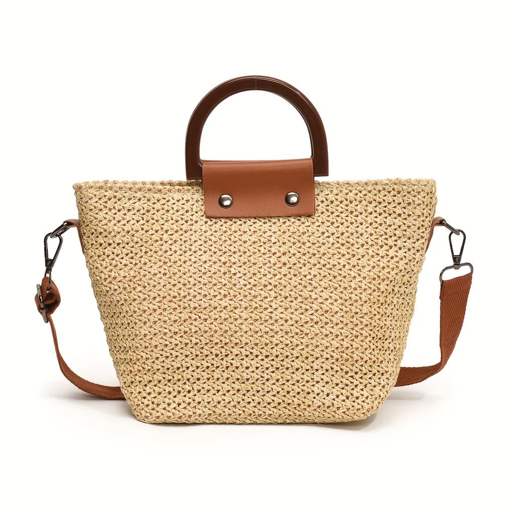 Elegant Women'S Boho Chic Woven Shoulder Bag Rattan-Style Handbag with Fixed Strap, Zip Closure & Polyester Lining for Beach, Travel & Casual Use