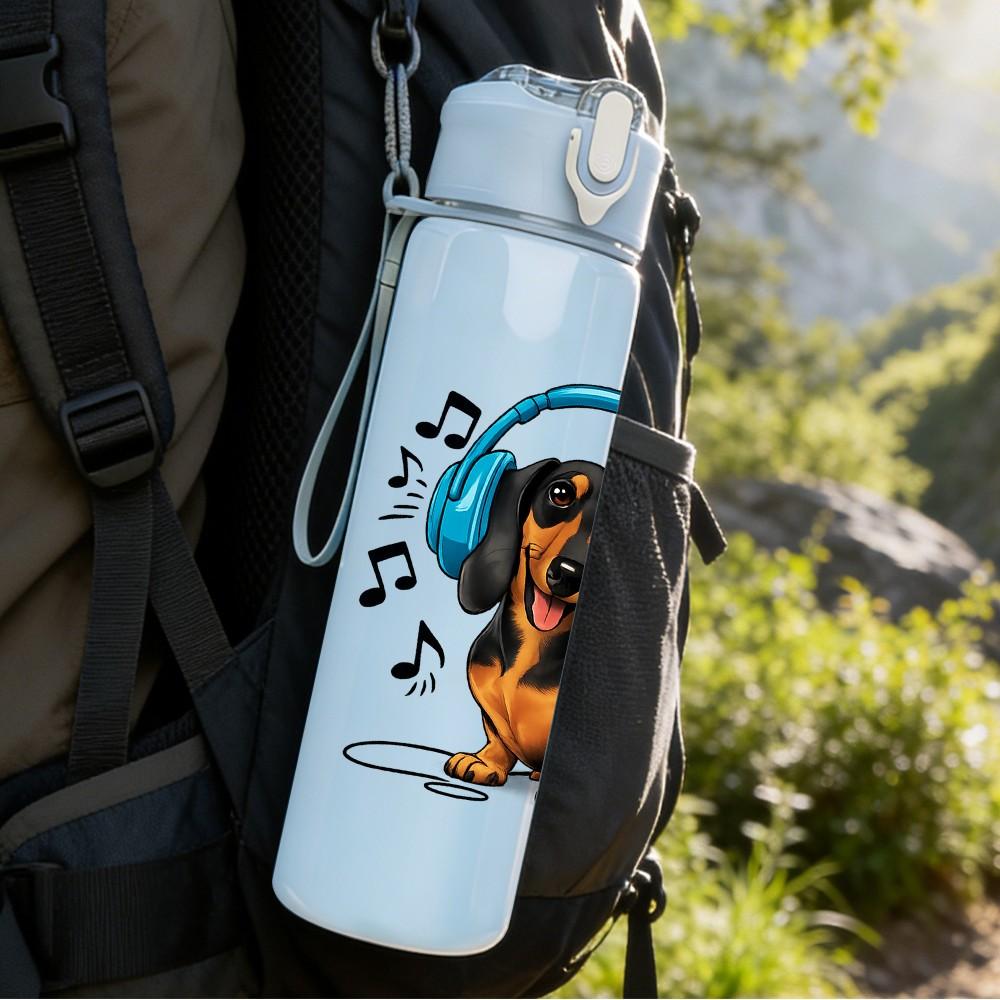 1PC Dog With Headphones Music Print 750ml Color Plastic Sports Water Bottle Leakproof Flip Straw Lid Suitable for Sports Office Home Use