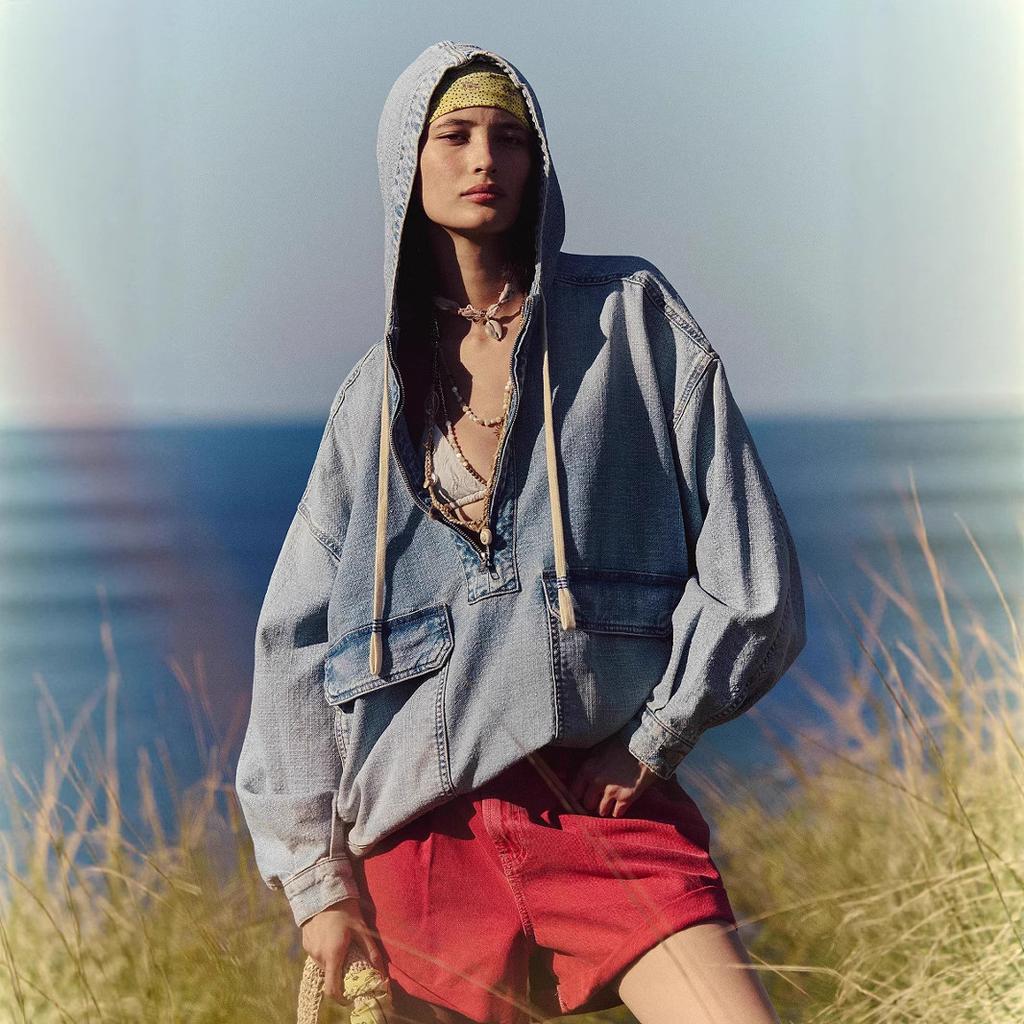 Light Blue Oversized Denim Hoodie with Half-Zip and Drawstrings