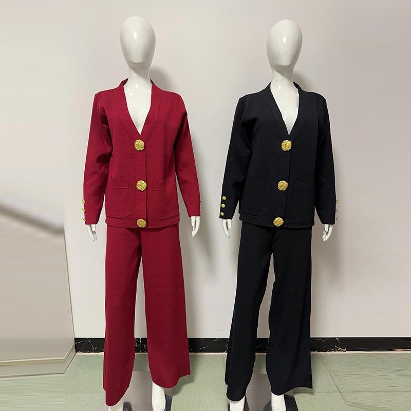 Cozy Knit Cardigan Pants Women Set Loose V-neck Pocket Button Coat Wide Leg Trousers  Autumn Winter Fashion Lady Outfit