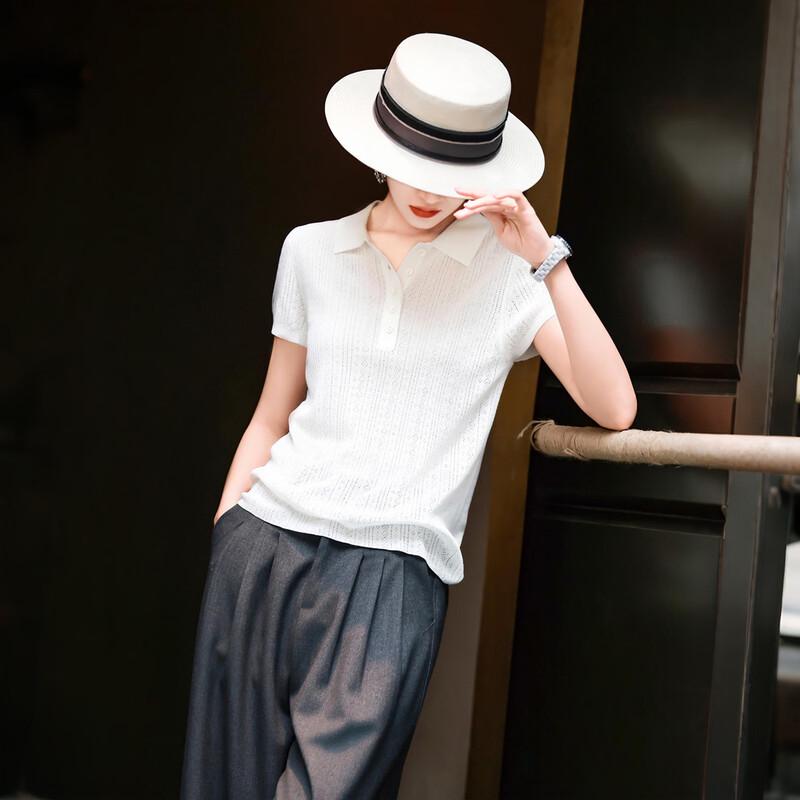 Lansere 2026 Summer Women s Hollow-Out Knit Polo Shirt L