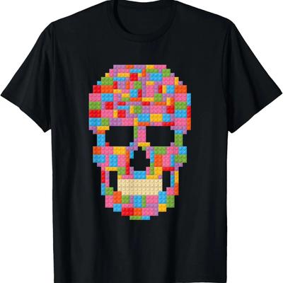 Skull Block Builder Bricks Halloween Skeleton Master Builder T-Shirt